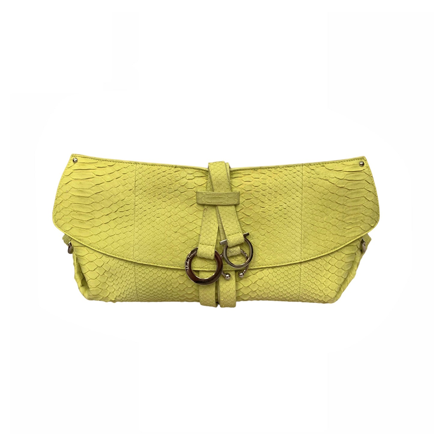 Load image into Gallery viewer, Salvatore Ferragamo Lime Snake-Print Clutch
