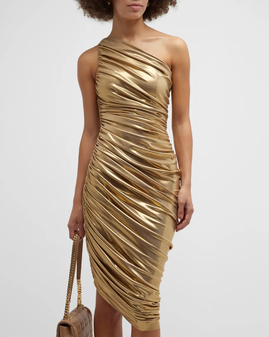 Norma Kamali One Shoulder Gold Metallic Dress