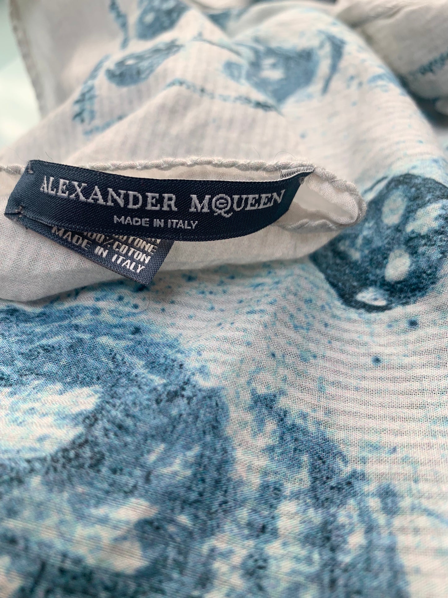 Alexander McQueen Blue Cotton Skull Print Scarf