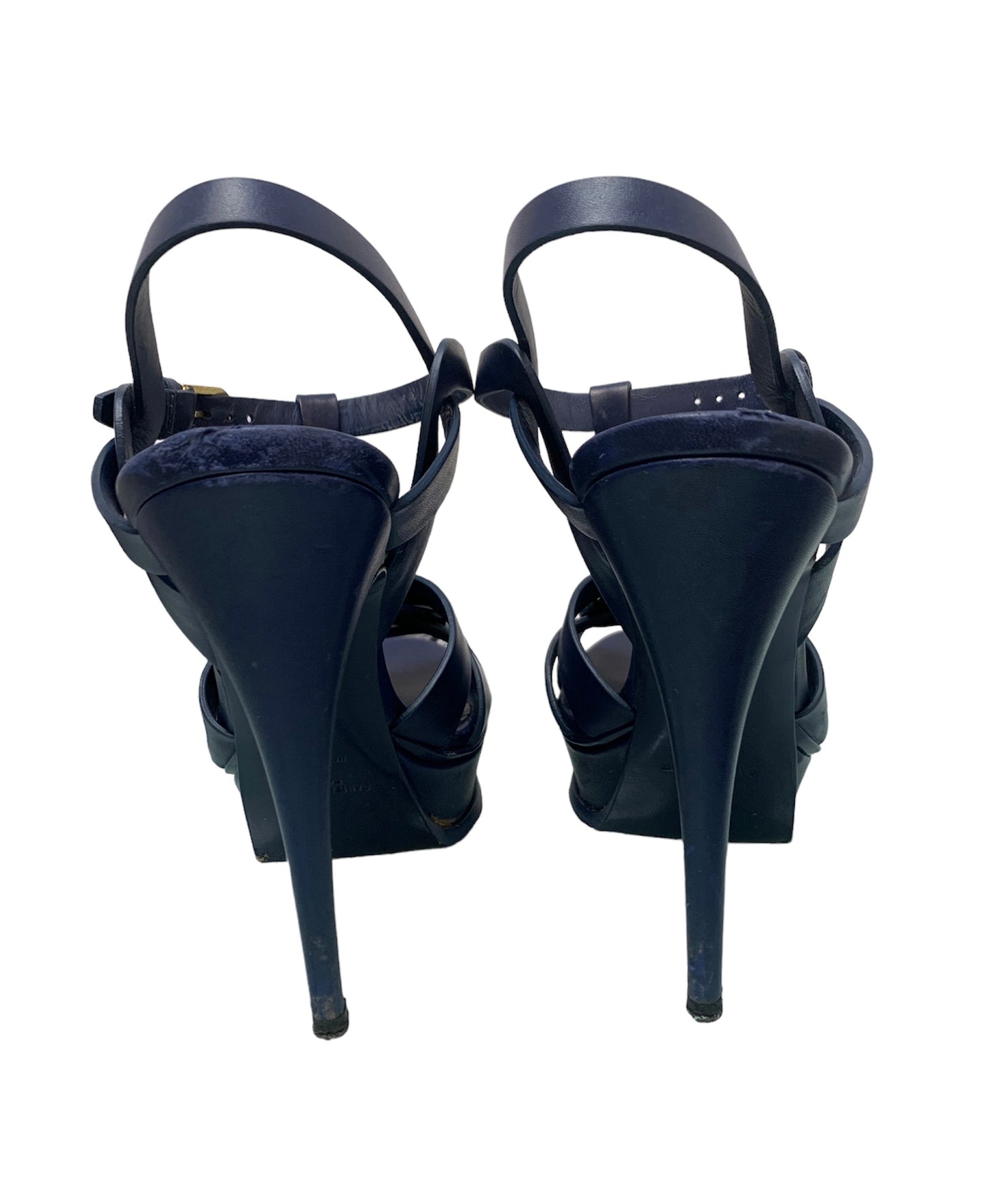 YSL Blue Leather Tribute Ankle Strap Sandals