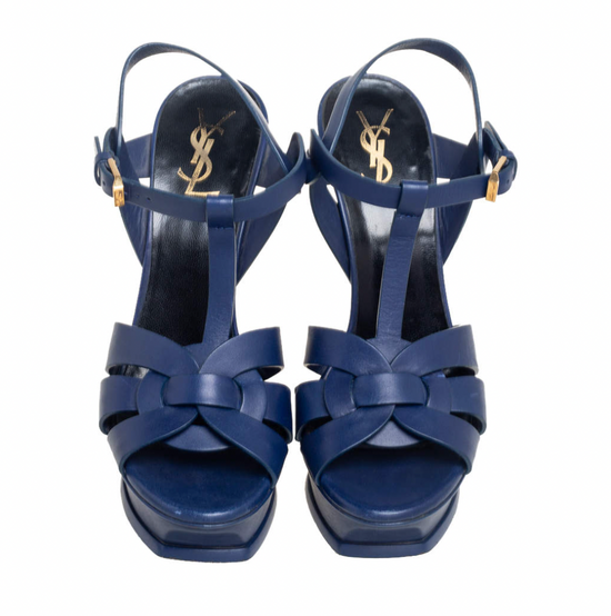 YSL Blue Leather Tribute Ankle Strap Sandals