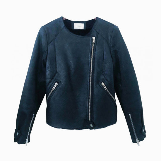 Load image into Gallery viewer, Sandro Navy Leather Biker Jacket
