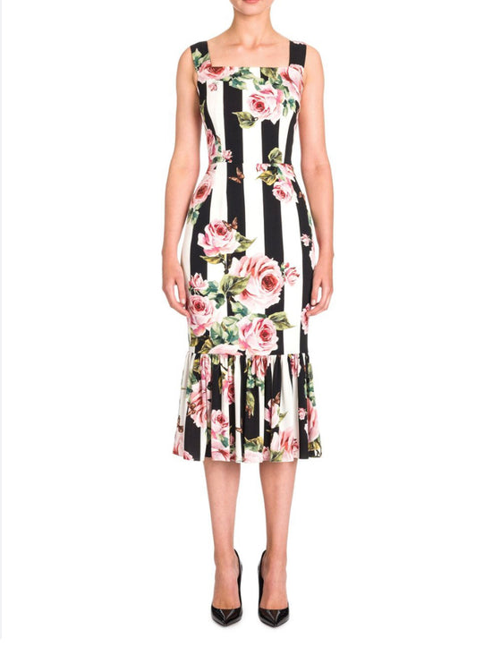 Dolce Gabbana Silk Striped Roses Dress
