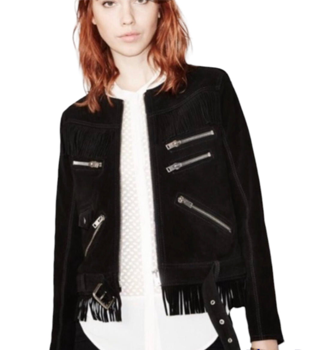Load image into Gallery viewer, The Kooples Black Suede Fringed Jacket
