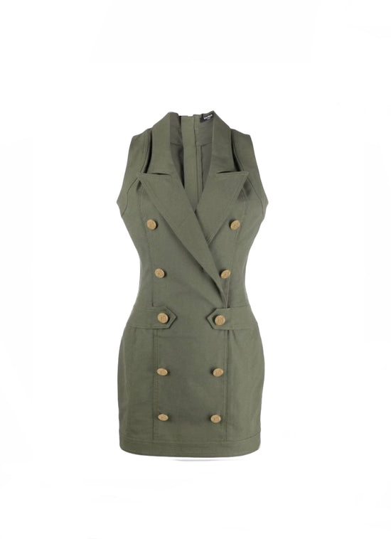 Balmain Khaki Logo Button Dress
