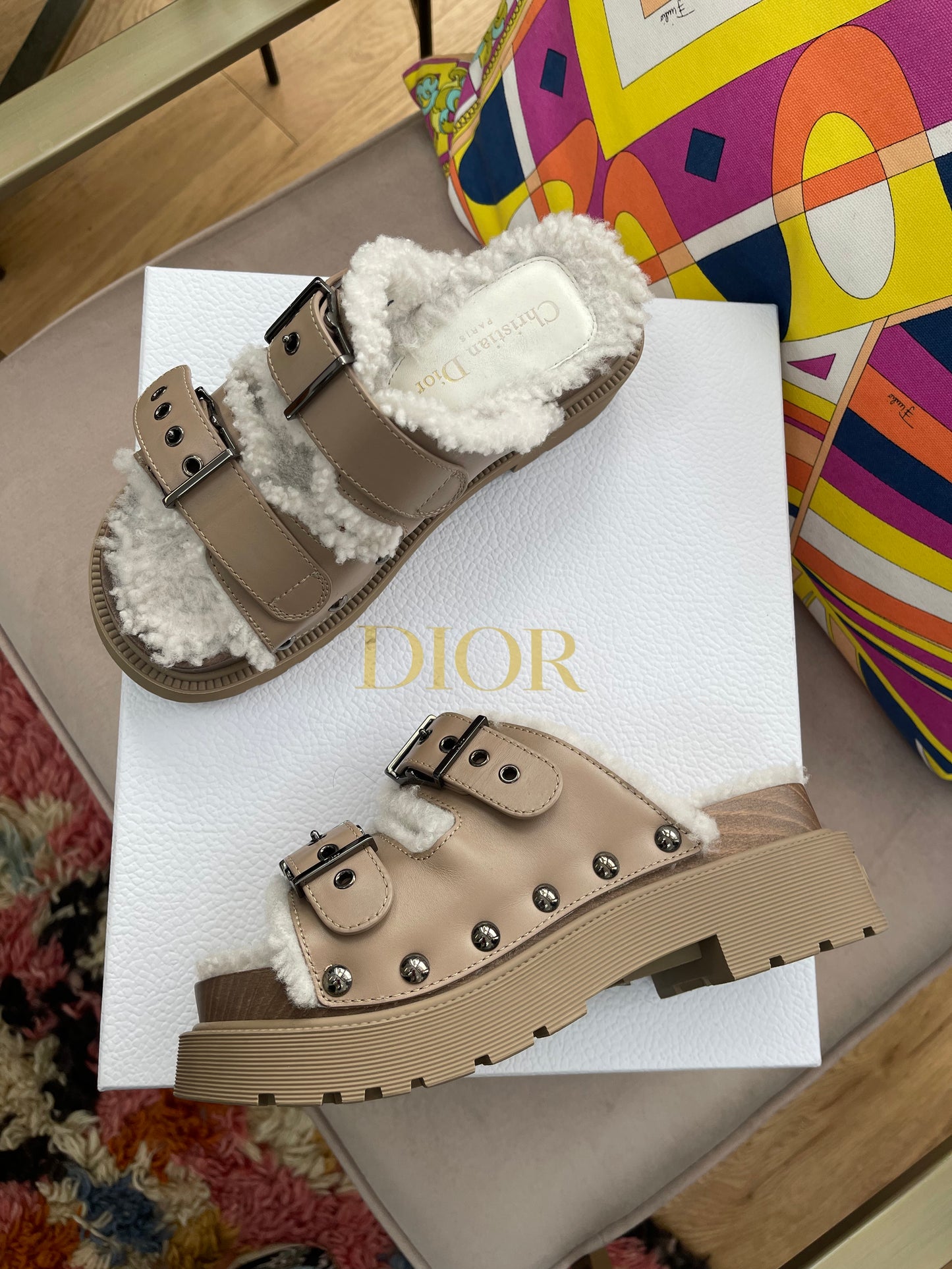 Dior Diorquake Shearling Lined Strap Sandals-NIB